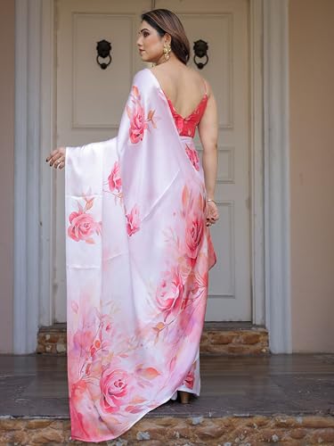 Image of ALMAARI FASHION Women's Floral Printed Georgette Satin Saree with Unstitched Blouse Piece | Traditional Ethnic Wear Sarees | Soft Lightweight Ethnic Office Wear Daily Wear Indian Sari (SG 161-170 H)