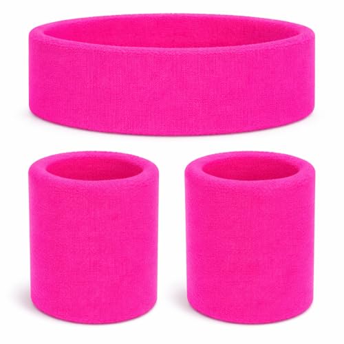 3er Set Schweißband & Stirnband Set pink - Vokuhila-Outfits & Retro der 80er und 90er - Accessoire für Fasching und Karneval