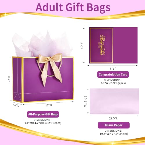 Image of Powbrace 13 inch Medium Purple Gift Bag Set with Handle - 2 Bags Featuring Bows, 4 Tissues, and 2 Greeting Cards for Wedding, Baby Shower, Father's Day, Mother's Day, Birthday Party