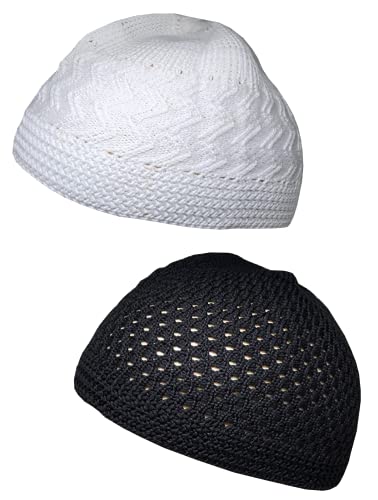 La Mejor comparativa de Gorros tejidos crochet los 7 más buscados. 21 Juego de 2 gorras de calavera musulmana AMN-341 gorro de oración del Islam Crochet Takke Kufi sombrero de Eid Ramadán regalo, Negro & blanco, Medium-Large