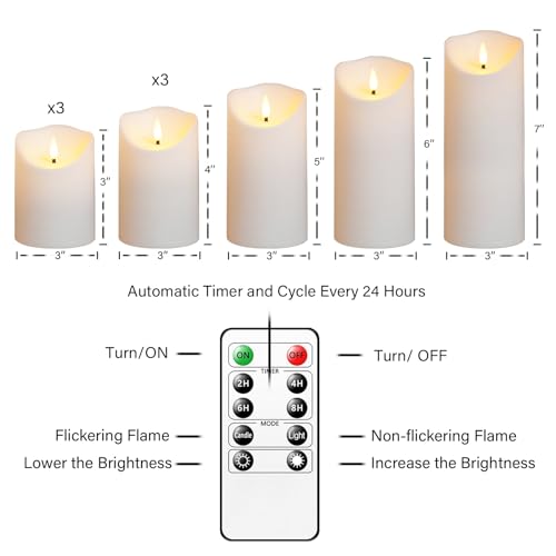 Image of Nimiko Flameless Candles with Remote, Battery Operated Flickering Flameless Candles, LED Candles with Timer 2 /4 /6 /8H, with Realistic LED Candles Set of 9 (D3 x H 3 inch 4 inch 5 inch 6 inch 7 inch) (White)
