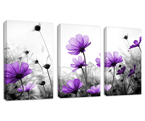 Flowers Wall Art Canvas Pictures Purple Wildflowers Black and White Background 3 Piece Canvas Art Blossom Contemporary Artwork for Home Decoration Office Kitchen Wall Decor 16"x 24" x 3 Panels