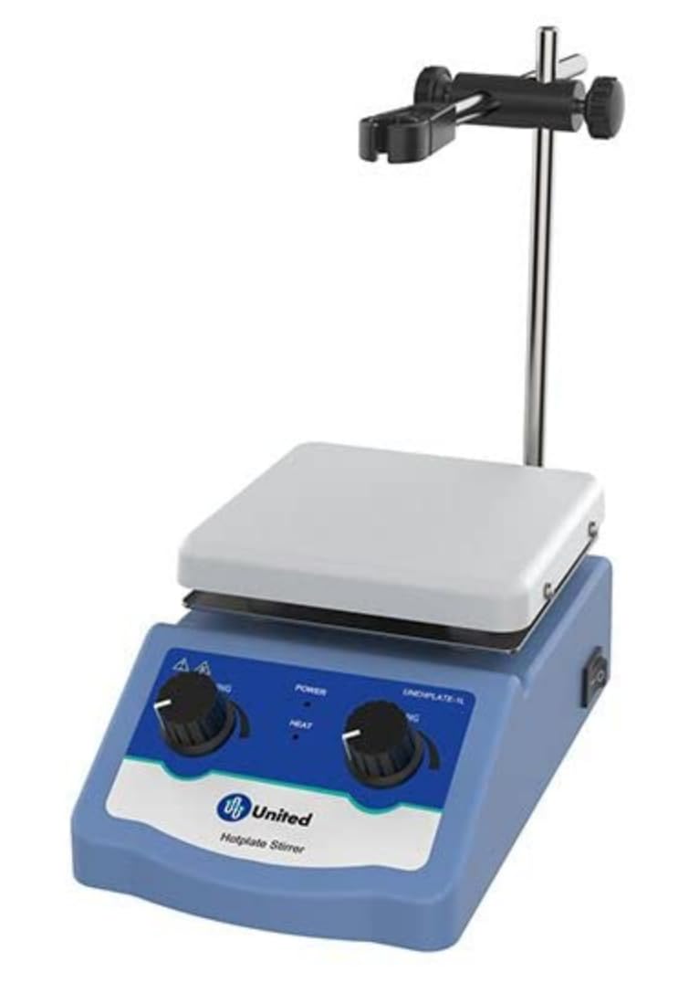 United Scientific™ Eco-Heat™ Hot Plate with Magnetic Stirrer, 5" x 5" Aluminum Top, 0 to 280° C Temperature Range, Includes 1” Teflon-Coated stir bar and a Support Stand, 1L Capacity