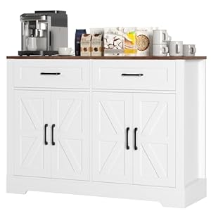 Farmhouse Sideboard Buffet Cabinet with Storage, 47.2" Kitchen Storage Cabinet with Drawers, Coffee Bar Cabinet with Barn Doors for Kitchen, Hallway, White Farmhouse Sideboard Buffet Cabinet with Storage 472 Kitchen Storage Cabinet with Drawers Coffee Bar Cabinet with Barn Doors for Kitchen Hallway White