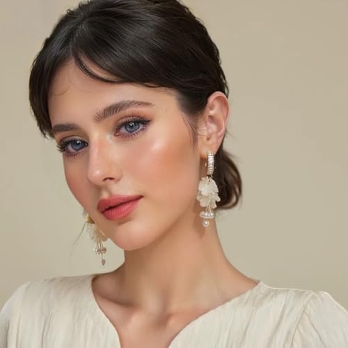 White Pearl Petal Flower Hoop Dangling Earrings For Women,Long Sparkly CZ Cubic Lightweight Women Jewelry Earrings For Wedding Party Bride Bridesmaid3