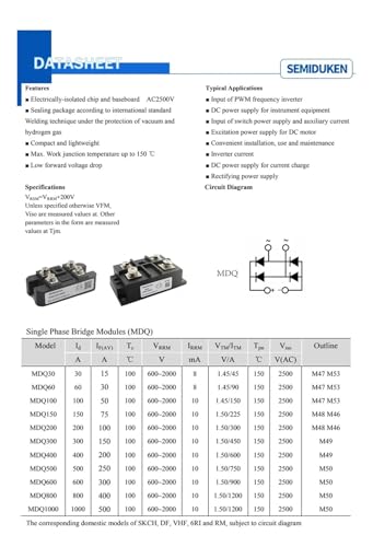 Module de diode redresseur MDQ200A pour pont monophasé de puissance 1600V