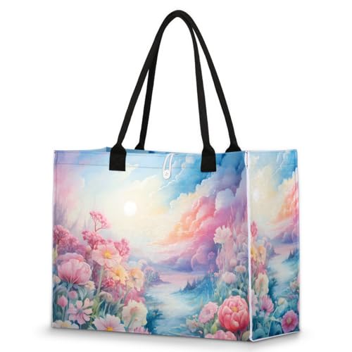 Colorful Cloud Flower Tote Bag for Women Large Beach Bag Reusable Tote Bags for Work Travel Beach Shopping