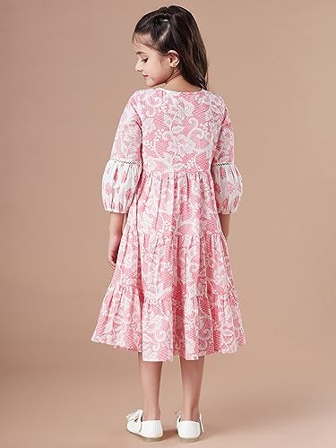 Image of Pspeaches Girls Tiered Floral Print Tie-Up Neck A-Line Midi Cotton Dress (Pink)