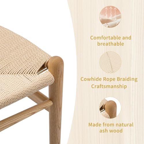 Image of Armless Dining Chairs Set of 4, 100% Solid Ash Wood with Woven Seat | Armless Space-saving, Curved Backrest, 300 LBS Support, Non-slip Pads, Fully Assembled, Wood Chairs for Kitchen, Living Room