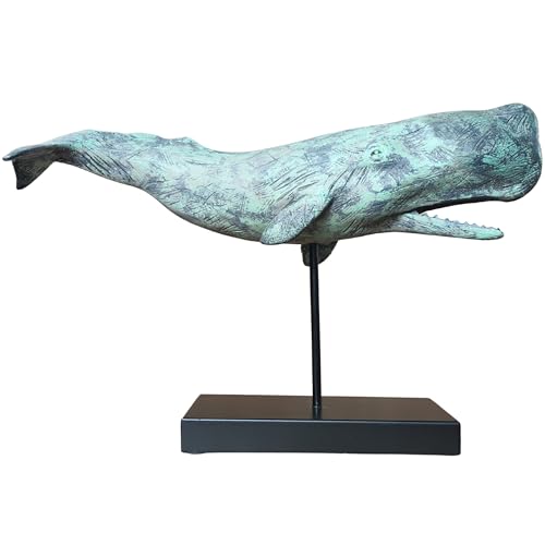 MichaelNoll Wal Dekofigur Statue Skulptur Standfuß Polyresin Modern - Maritime Deko für Wohnung in Holz-Optik - Dekoration für Wohnzimmer, Schlafzimmer oder Badezimmer - 51x15x28 cm