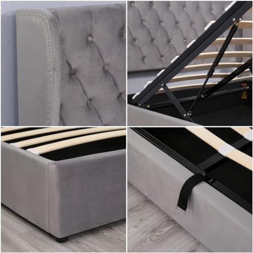 KOMHTOM Bett mit Stauraum, gepolstertes Doppelbett mit Kopfteil, für Erwachsene mit Lattenrost, Bettgestell (ohne Matratze) (Grau, 140 x 200 cm), SS28985960AAH – Bild 5