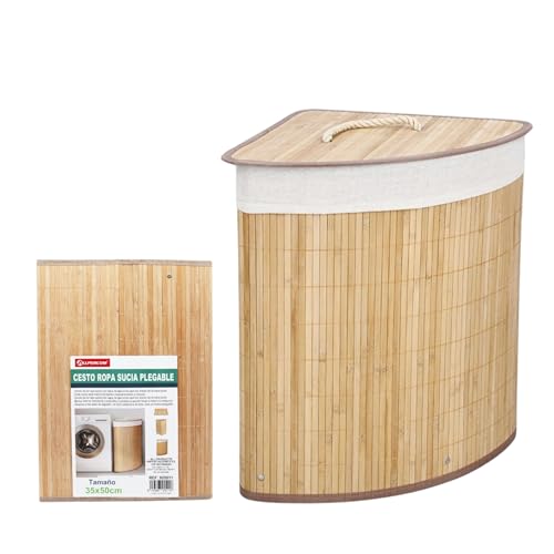 Cesto para Ropa Sucia de Bambú | con Tapa | Diseño plegable y Asas Laterales | Fácil Transporte | Bolsa Extraíble y Lavable | Ideal para Mantener el Hogar Organizado | Para Esquinas 50cm-35cm