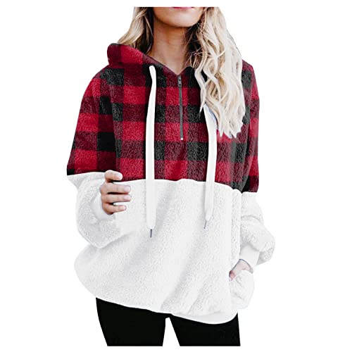 Mujer Plaid Impreso Lana Artificial Manga Larga Casual Color Sólido Cremallera Suéter Suéter Suelto Conejo Lindo Con Capucha Gruesa Blusa Sudadera Con Bolsillos Abrigo Mediados (Red, XXXXXL)