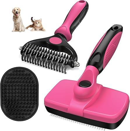 Image of Cawypety Self Cleaning Slicker Brush & Pet Grooming Rake & Bath Brush for Dogs,Cats and Horses | Double-Sided Dematting Comb & Skin Friendly Deshedding Grooming Tool | Premium Pet Supplies (Black & Pink) (Black & Pink)
