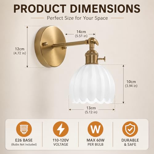Image of 1-Light Gold Brass Bathroom Light Fixture,Wall Sconces set of 2,Brushed Gold Vanlity Light Over Mirror,Bathroom Vanity Light with White Tulip Glass Flower Shade,E26 Socket(Bulbs Not Included)