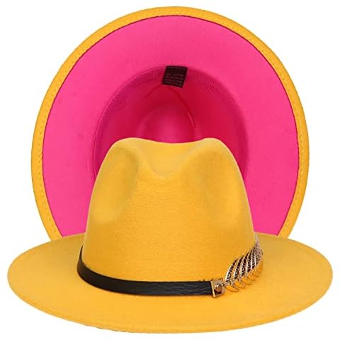 JK Home Fedora Filzhut für Jazz, Hochzeit, zweifarbig, breiter Rand mit PU-Leder, Schnalle innen, verstellbare Kordel, Gelb/Karminrot, One size Cover