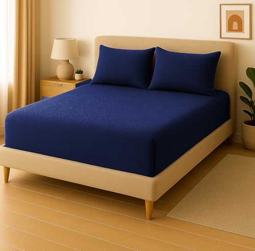 Image of VAS COLLECTIONS Luxury Warm Winter Elastic Fitted Bedsheet with 2 Pillow Covers - Ultra Soft Flannel Velvet Touch, Cozy & Wrinklefree lintfree Size - 78x72+10 Inches (Blue)