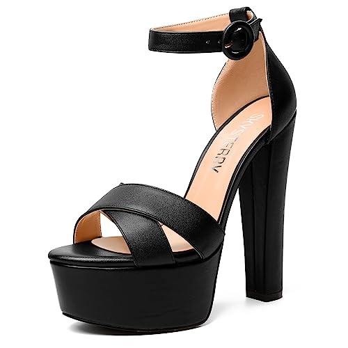 SKYSTERRY Womens Matte Buckle Round Toe Evening Ankle Strap Dress Block High Heel Platforms Sandals 6 Inch
