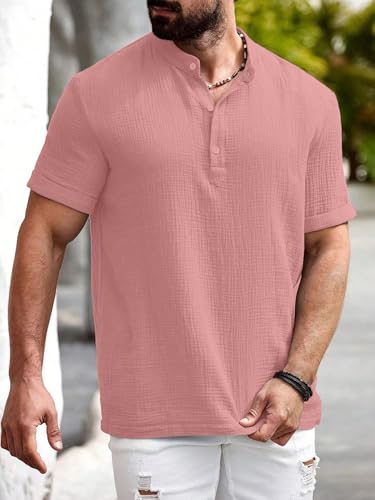 Image of Men Shirt | Black Textured Cotton Blend | Regular Fit Casual Shirt | Half Short Sleeve | Mandarin Chinese Collar | Button Down | Summer Office Wear | Stylish Shirt for Men
