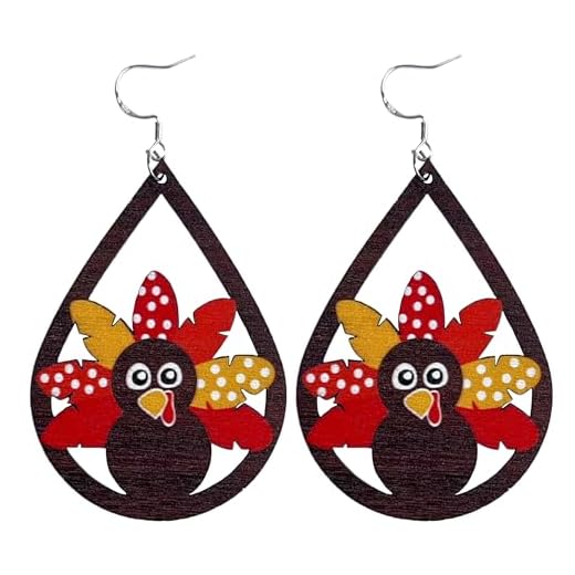 MDDRUIQI Fall Outfits for Women 2025 - Thanksgiving Earrings | Thanksgiving Outfit Shirts Dress for Women - Friendsgiving Sweatshirts Pajamas Party Decorations Decor Turkey Wood Dangle Drop Jewelry