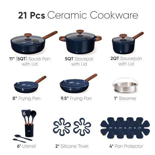 Image of CAROTE 21pcs Cookware Set Nonstick Pots and Pans Set, Ceramic Cookware Set Induction Cookware, Non toxic Healthy Non Stick Kitchen Cooking Set, PFAS PTFE Free, Blue