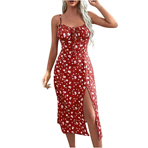 Sommerkleid Damen Sexy Ärmellos Spaghetti Trägerkleid Boho Blumen Druck Strandkleid Midikleid mit Schlitz Rückenfrei Urlaubskleid Partykleid...