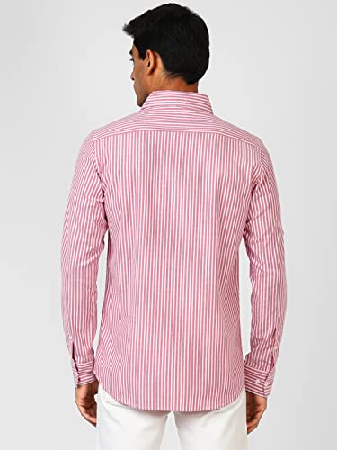 Image of UrbanMark Men 100% Cotton Full Sleeves Regular Fit Striped Casual Shirt-Coral & White