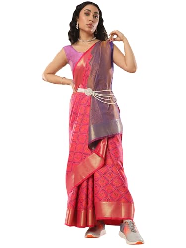 Image of AKHILAM Women's Banarasi silk Ethnic Motif Woven Design Saree With Unstitched Blouse Piece(Pink 2MNSV807 SNK)