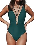 CUPSHE Damen Badeanzug Tiefer V Ausschnitt Lace Up Monokini Trägerdesign O Ringen Einteilige Bademode Swimsuit Teal M