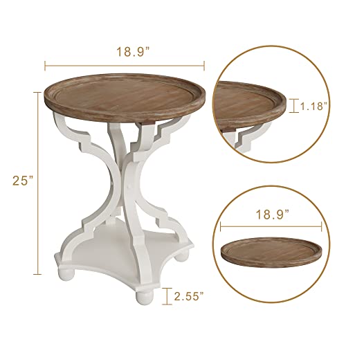 Function Home Rustic Farmhouse Round End Tables, Small Accent Side Table With Natural Tray Top And Concave Legs, Nightstand For Living Room, Bedroom, Handcrafted Finish, Wood, White #TOP1