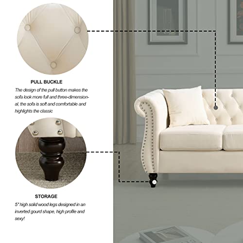 KEIKI Chesterfield Sofa, Retro Style Upholstered 3 Seater Velvet Couch with Rolled Arm for Living Room Bedroom Office Apartment, Beige by KEIKI - Image 6