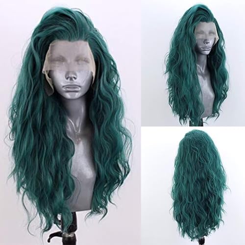 RONGDUOYI Dark Green Wig Long Synthetic Lace Front Wig Heat Resistant Fiber Long Loose Curly Wig Fashion Style Free Part Green Lace Wigs for Women 24inches Water Wave Party Wig Cosplay
