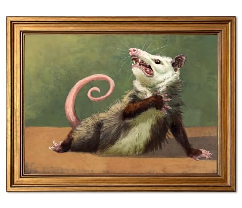 A vintage-style portrait of a possum striking a dramatic pose — the kind of unhinged wall art that makes guests actually laugh out loud.