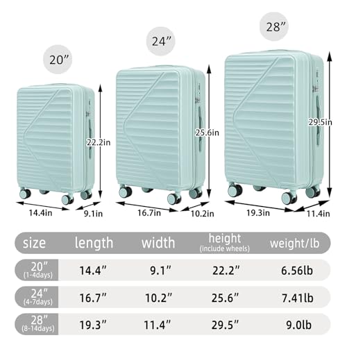 20"/24"/28" 3 pcs/set in ABS Spinner Wheel Luggage, Carry on Suitcase, Matching Color,TSA Combination Lock For Big And Middle Size (Mint Green)4