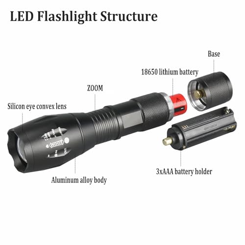 Image of T6 Zoomable Aluminum LED Flashlight, Super Bright, Portable Torch, Powerful Emergency Flashlight has 5 Modes, Outdoor for Camping, Hiking, Fishing, Tactical Handheld Torches (Battery Powered-125MM)