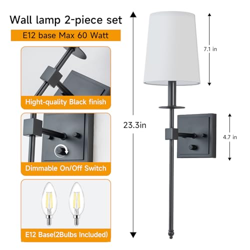 Image of Wall Sconces Sets of 2, Retro Industrial Wall Lamps, Hardwired Bathroom Vanity Sconces Wall Lighting with White Fabric Shade, Indoor Wall Lights for Bedroom Living Room Corridor Black