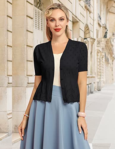 Summer Casual Short Sleeve V Neck Button Down Bolero Shrug Sweaters Lightweight Ruffle Knit Cropped Cardigans Black Xl #TOP2