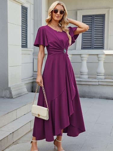 Image of QMZ Wedding Guest Dresses for Women V Neck Cocktail Dress Ruffle Sleeve A Line Evening Party Formal Dresses for Women