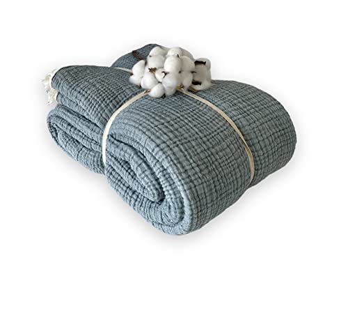 100% Cotton Muslin Blanket, 4 Layers Bedspread, Soft Turkish Cotton Muslin Bed Cover, Reversible Coverlet, Indigo Blue (King Size 95X102-230X260Cm) #TOP6