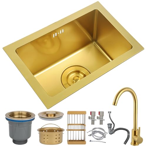 DSMRLEOP Évier De Cuisine En Acier Inoxydable Doré, Design À Cuve Unique Avec Revêtement Nano En Plusieurs Tailles, Évier De Bar À Encastrer Ou À Encastrer, Évier De Préparation Fait Main Facile À Net