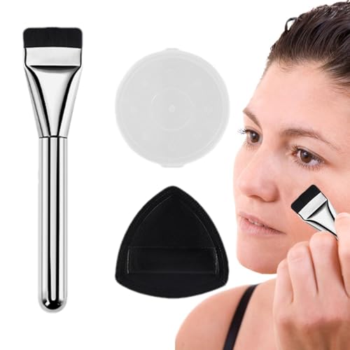 極薄ファンデーション ブラシ - 薄型フラット ファンデーション ブラシ |細い先端のファンデーション ブラシ |クリームファンデーション・コンシーラーブラシ |メイクブラシセットスポンジパフ付きファンデーションブラシ強力な流動性ブラシ