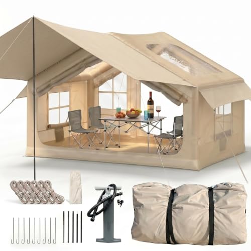 HAUSPROFI Luftzelt Aufblasbares Zelt 3-4 Personen, 6,3m² Glamping Hauszelt mit Vorzelt & Kaminöffnung, 200cm Stehhöhe, 420D Oxford Wasserdichtes Familienzelt für Camping Outdoor, Inkl. Pumpe