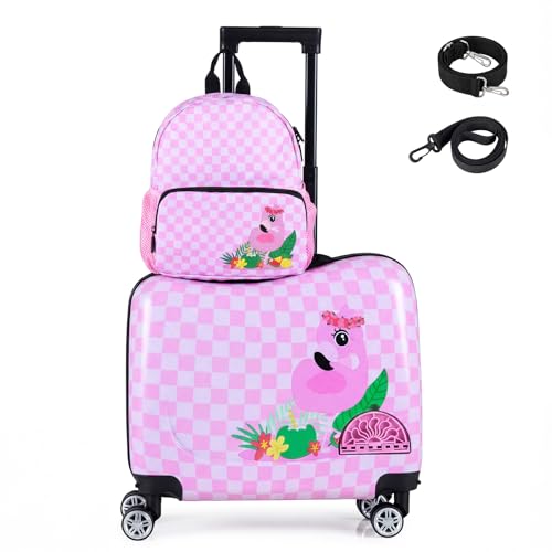 COSTWAY Valise Enfants à roulettes 18” avec Sac à Dos 12”, Bagages à Main pour Voyage avec Roues Coque Imperméable Corde pour Tirer et Sangle de Transport Charge 50KG+8KG (Flamants Poignée Droite)