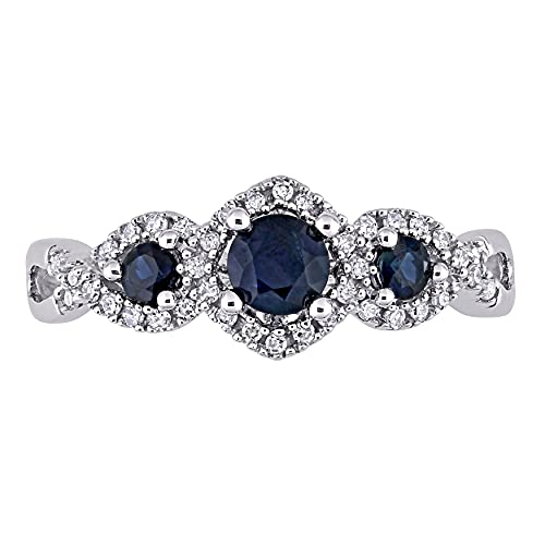 0.7 Carat Diamond And Three Blue Sapphire Round Bridal Engagement Rings Women 10KT White Gold Anniversary And Wedding Prong Setting (Blue Gem CTW 0.50, Clarity I1-I2, Color HI)3