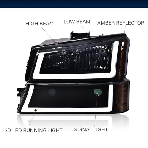 Image of GRAND ORANGE LED Headlight Assembly Compatible with 2003-2006 Chevy Silverado 1500 2500 3500 HD Model, Fit Chevy Avalanche 03-06 GM250222, GM2503224 1500 2500 Smoke Lens Black Housing Amber Corner