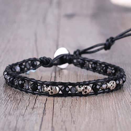 Image of KELITCH 925 Silver Skull Bracelets Wrap Bracelets Women Crystal Beaded Bracelets on Natural Leather