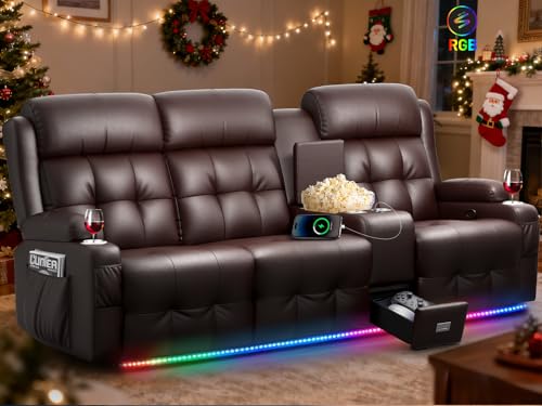 Image of Loveseat Recliner Sofa, Home Theater Seating with Massage, 3 Seat Reclining Loveseats with Console, Wall Hugger RV Couch Movie Theater Chairs, RV Furniture Sofas with USB, Cup Holders for Gaming Room