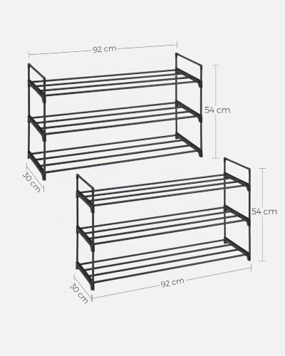 SONGMICS 3-Tier Shoe Rack Set of 2, Shoe Storage Organiser, Metal Storage Rack, Each Rack Holds 12 to 15 Pairs of Shoes, Stackable Shoe Shelf, for Hallway, Bedroom, 30 x 92 x 54 cm, Black LSA06BK - 3