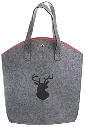 Brandsseller Filztasche Hirsch Prägung ca. 25 x 12 x 36 cm mit Magnetverschluss und roter Overlock Naht Einkaufstasche Shoppingbag Freizeittasche Anthrazit