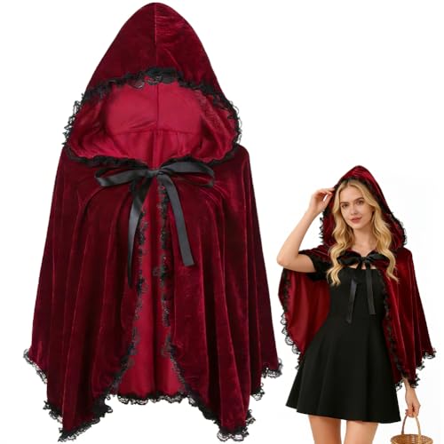 Bukbas Rotkäppchen Kostüm Damen, Rotkäppchen Kleid und Umhang mit Kapuze Spitzenbesatz, Faschingskostüme Roter Umhang Damen Für Karneval...